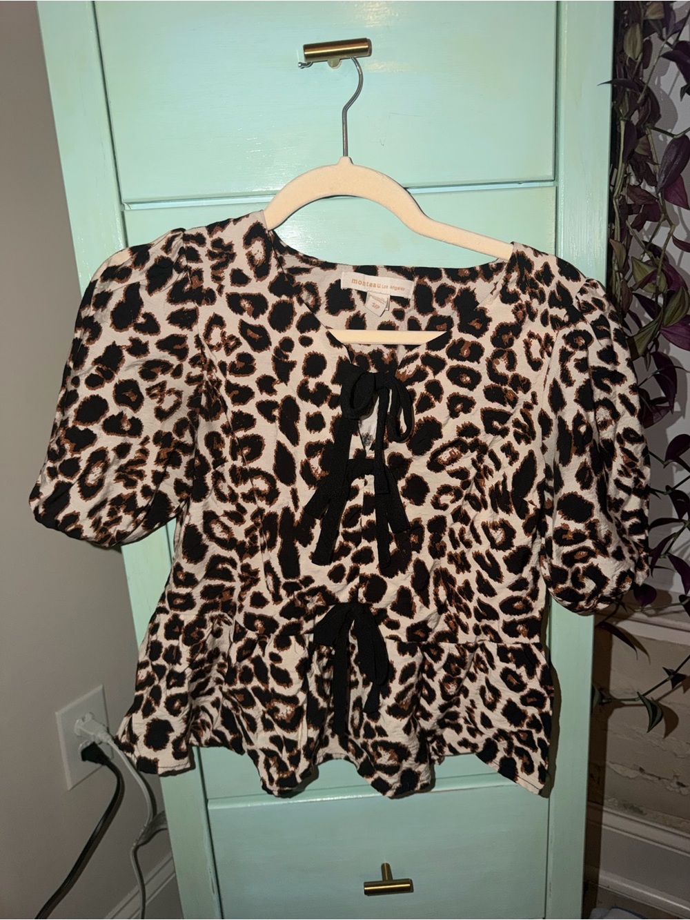 Monteau Leopard Print Peplum Top - Black & Cream
